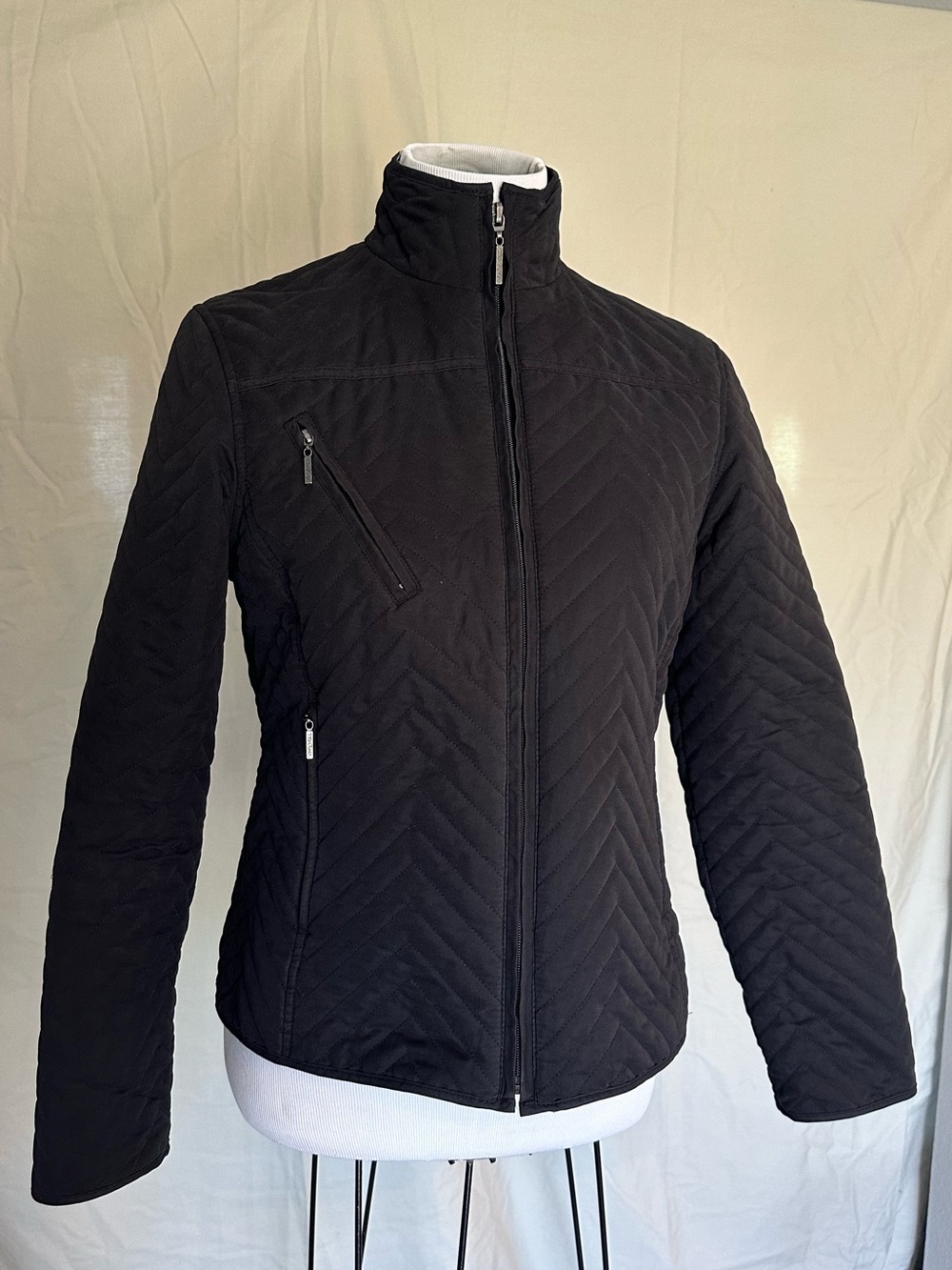 TEHAMA Black Quilted Jacket utility coat XS zip front zipper pockets puffer line